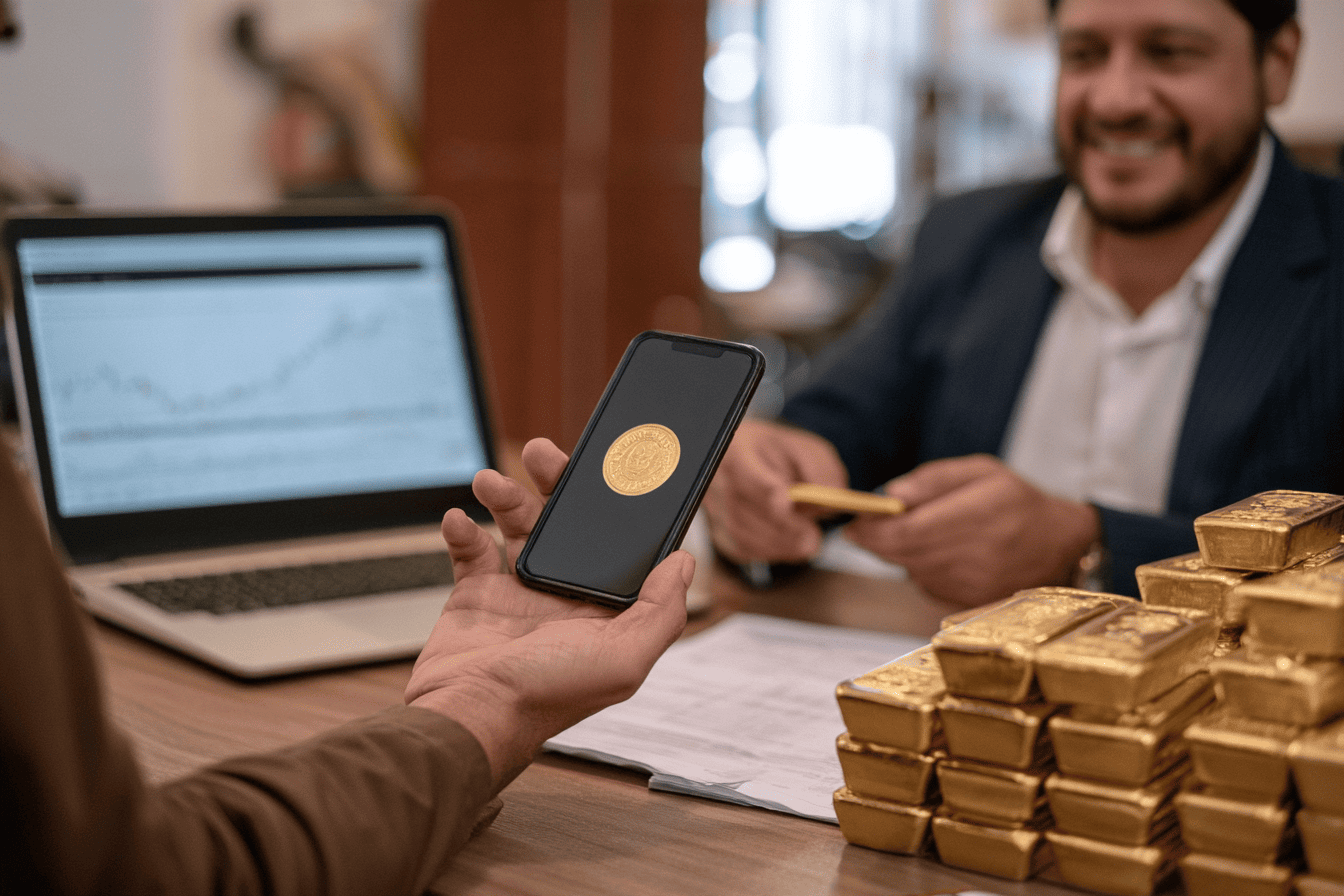 Una persona sostiene un celular que muestra una moneda de oro en pantalla, con lingotes de oro apilados sobre la mesa a un costado y un asesor sonriendo al fondo.